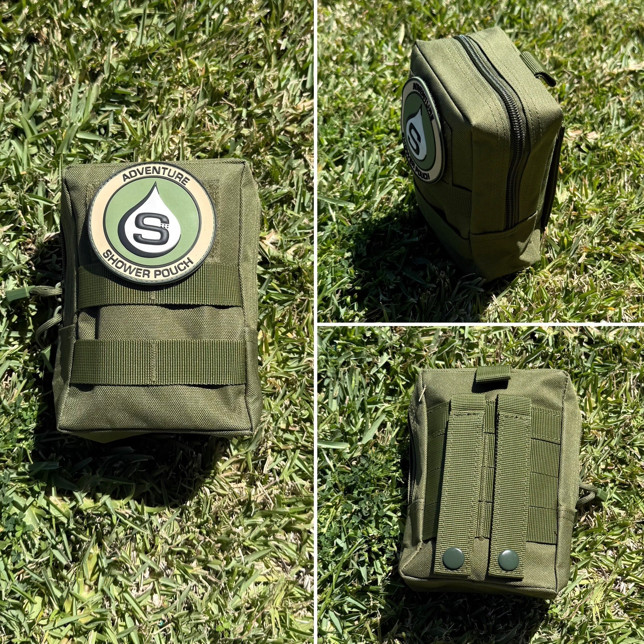 Tactical Molle Zipper Bag + Adventure Sampler Kit: 4 Shower Pouches, 1 Hand Sanitizer (80%), and 1 Deodorant