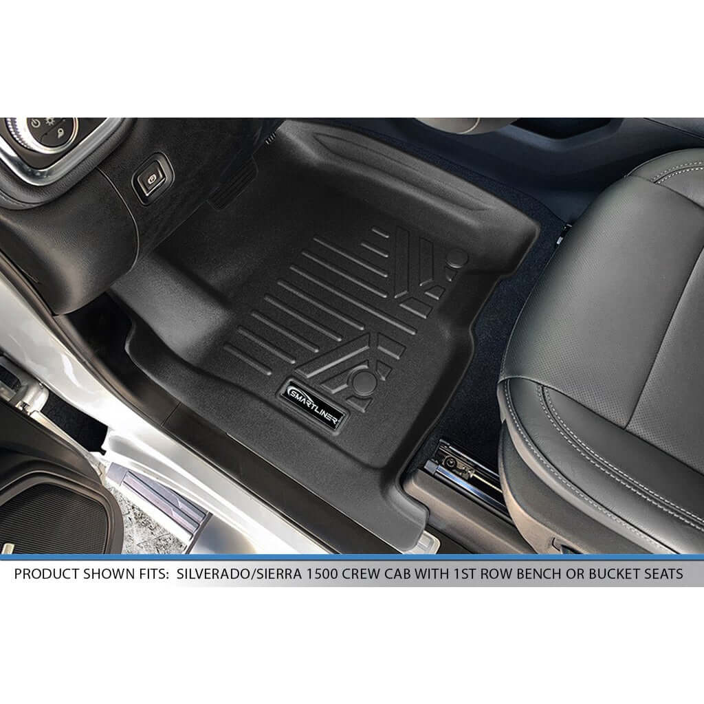 Smart Trim™ Custom Fit Floor Liners For 2019-2024 Chevrolet Silverado 1500 Double Cab with Carpet Flooring and 1st Row Bench Seat without OTH coverage (without 2nd Row Under Seat Storage)
