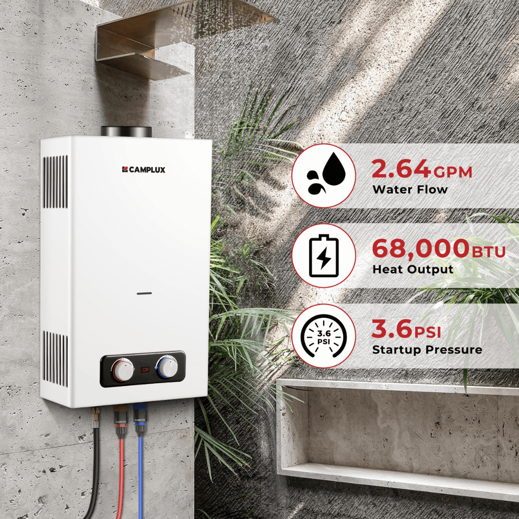 Tankless Water Heater, Camplux 2.64 GPM Outdoor Propane Water Heater, Gas Water Heater with 3.3 GPM Water Pump & Pipe Strainer for Camping, Cabins