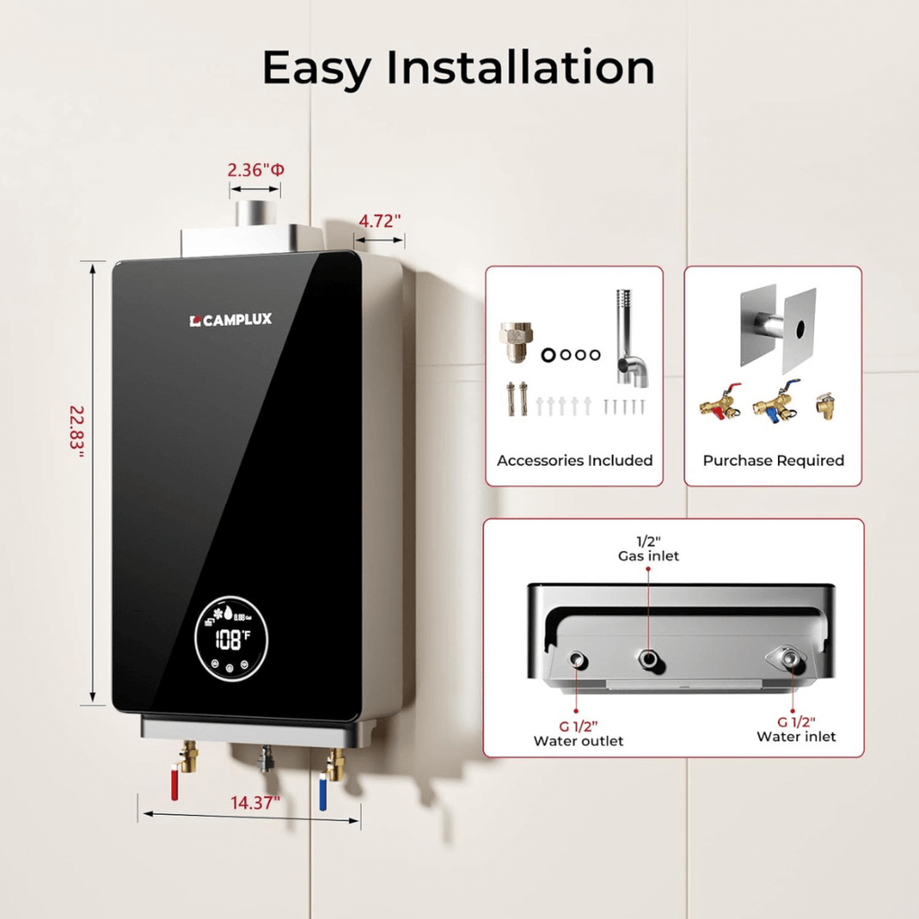 3.18 GPM Indoor Tankless Water Heater Propane with Wall Thimble, Black