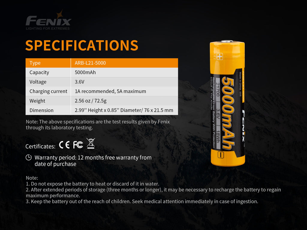 Fenix ARB-L21-5000 V2 Rechargeable 21700 Rechargeable Battery