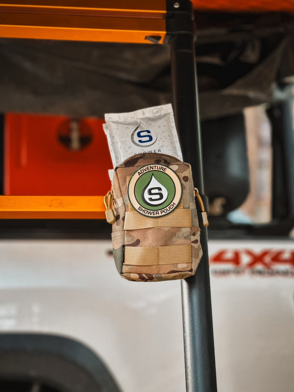 Tactical Molle Zipper Bag + Adventure Sampler Kit: 4 Shower Pouches, 1 Hand Sanitizer (80%), and 1 Deodorant