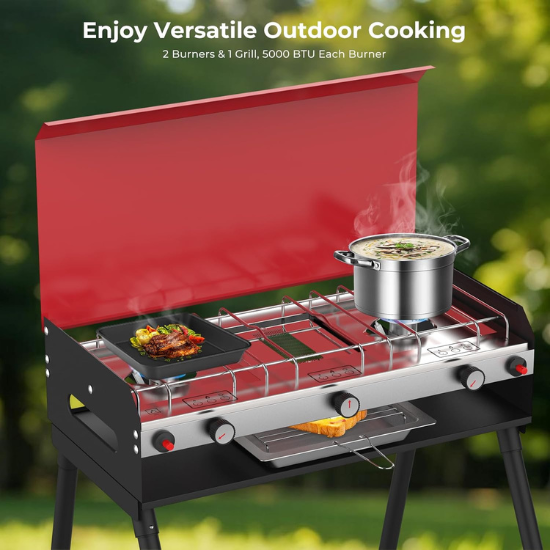Camplux Propane Camping Stove 2 Burners & 1 Grill, 15,000 BTU Auto-Ignition
