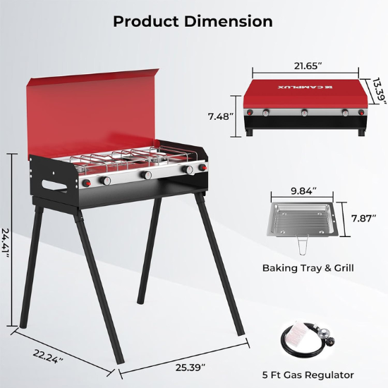 Camplux Propane Camping Stove 2 Burners & 1 Grill, 15,000 BTU Auto-Ignition