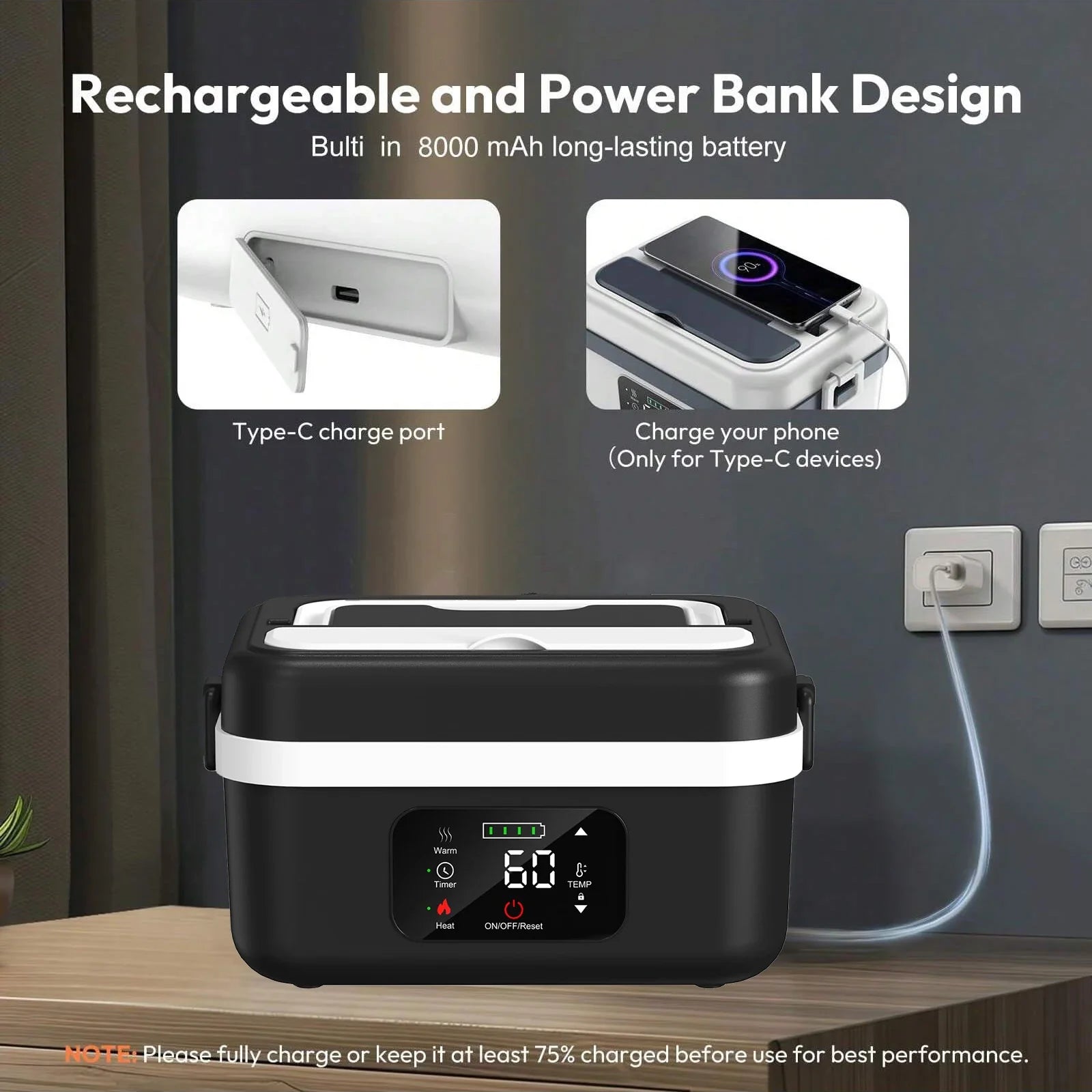 Feature Wireless Electric Insulated Lunch Box With 8000mAh Battery 60W