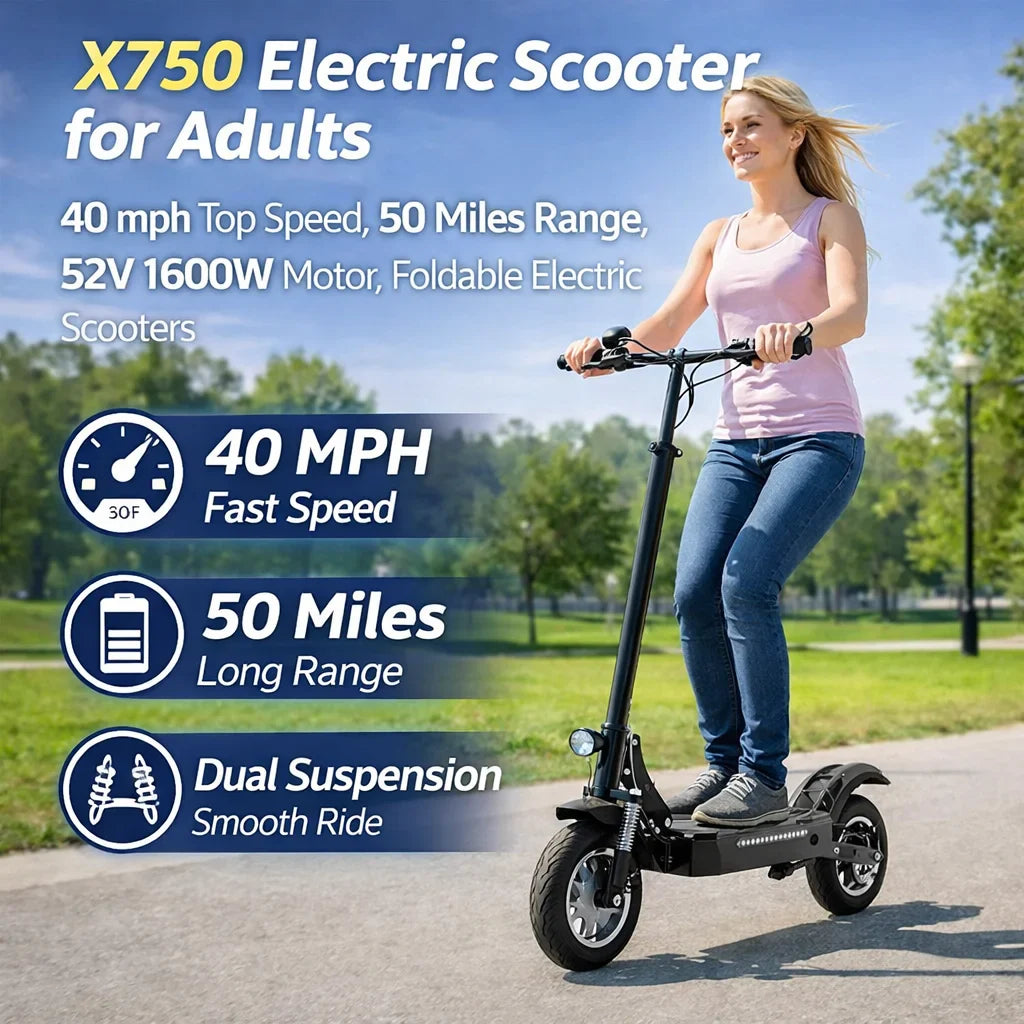 X750 1600W Electric Scooter 52V 20Ah Foldable Dual Suspension Brakes