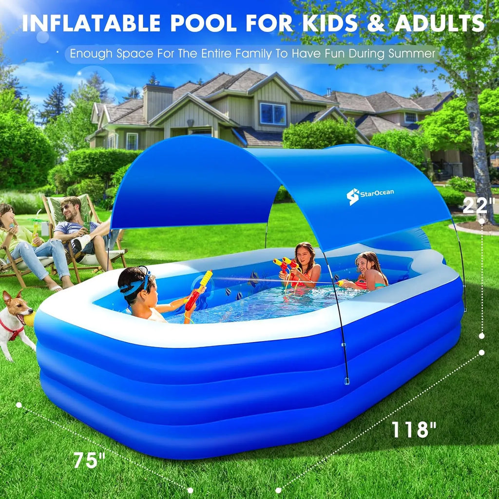Inflatable Pool With Removable Canopy Seats And Backrest For Kids And Adults