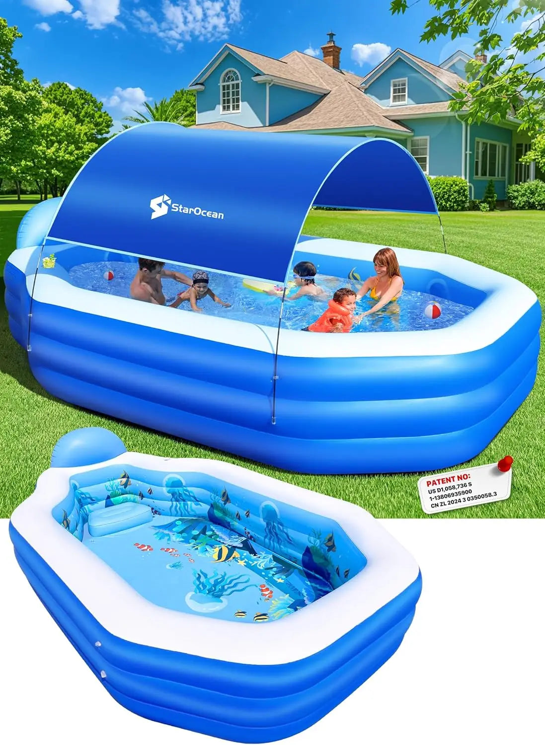 Inflatable Pool With Removable Canopy Seats And Backrest For Kids And Adults