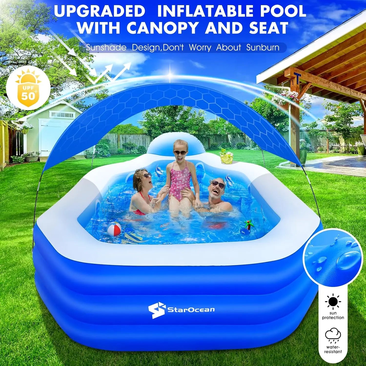 Inflatable Pool With Removable Canopy Seats And Backrest For Kids And Adults