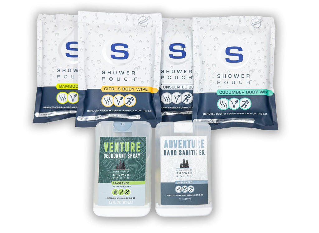 Tactical Molle Zipper Bag + Adventure Sampler Kit: 4 Shower Pouches, 1 Hand Sanitizer (80%), and 1 Deodorant