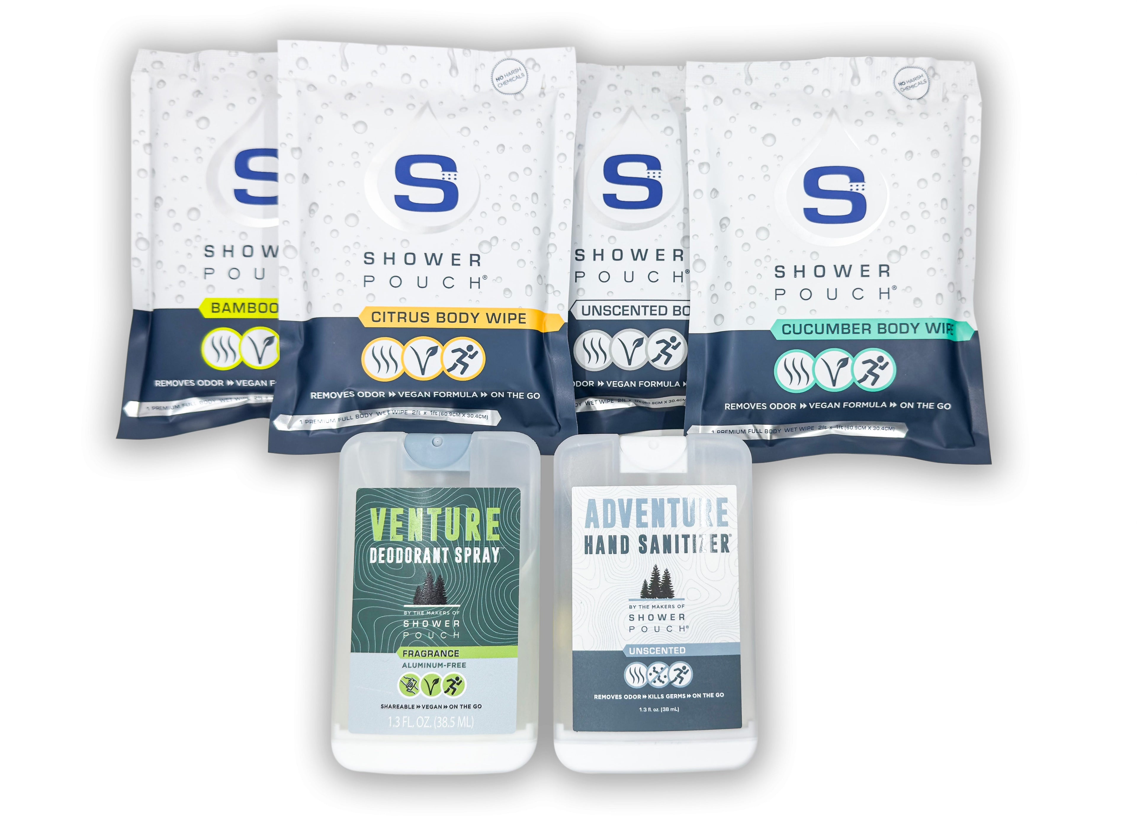 Tactical Molle Zipper Bag + Adventure Sampler Kit: 4 Shower Pouches, 1 Hand Sanitizer (80%), and 1 Deodorant