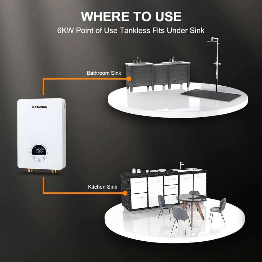 Camplux Electric Point of Use Tankless Water Heater, 6kW at 220~240V