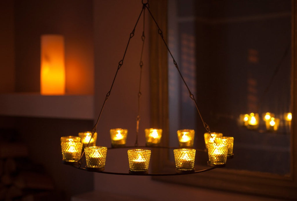 Tea Light Chandelier - Green Glass