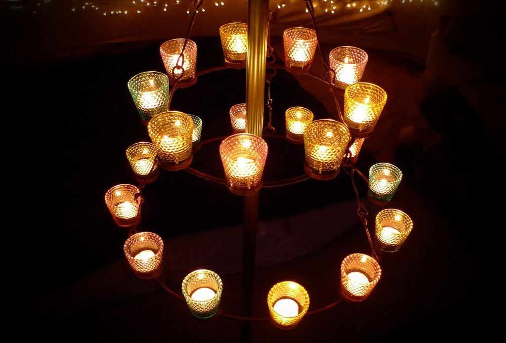 Tea Light Chandelier - Multi Coloured Glass