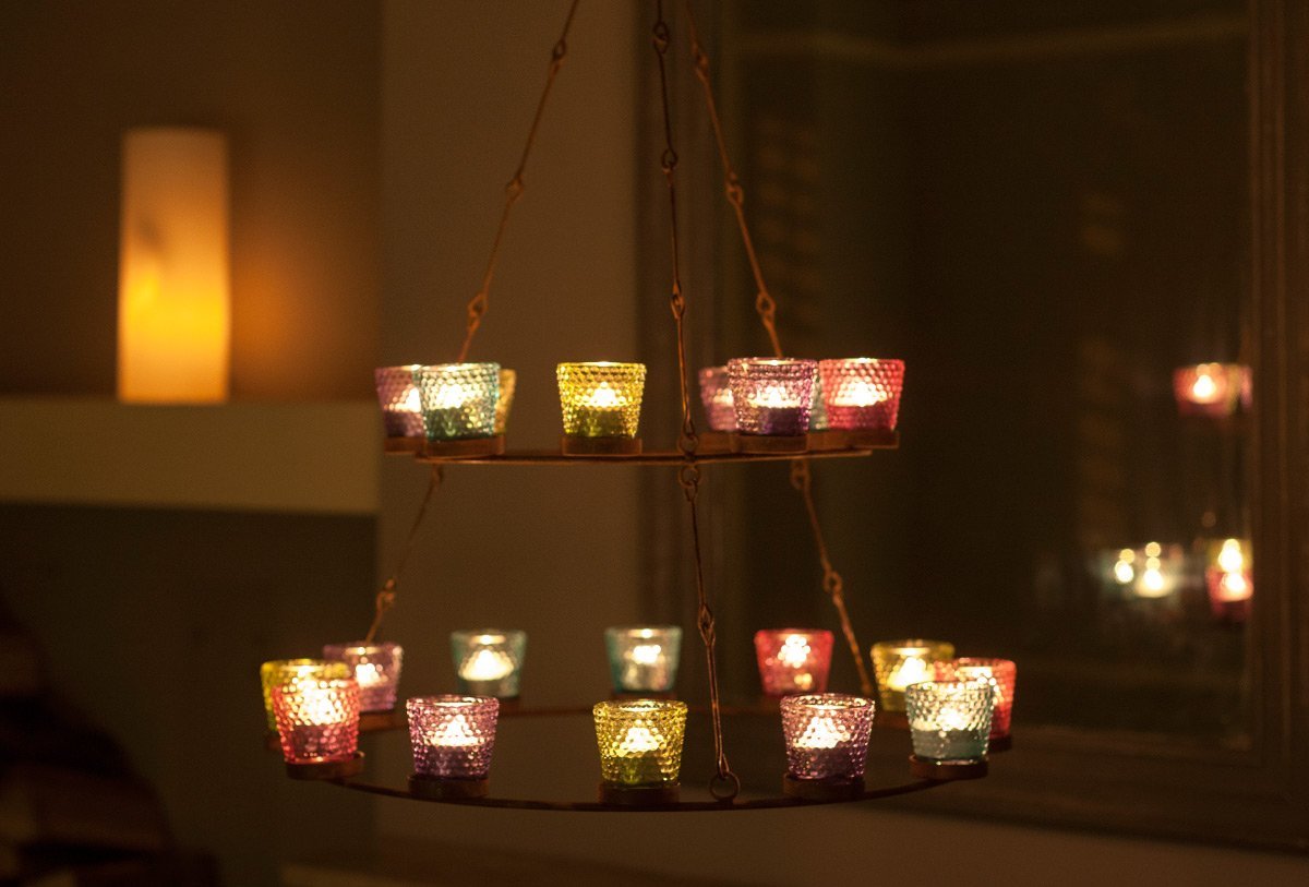 Tea Light Chandelier - Multi Coloured Glass