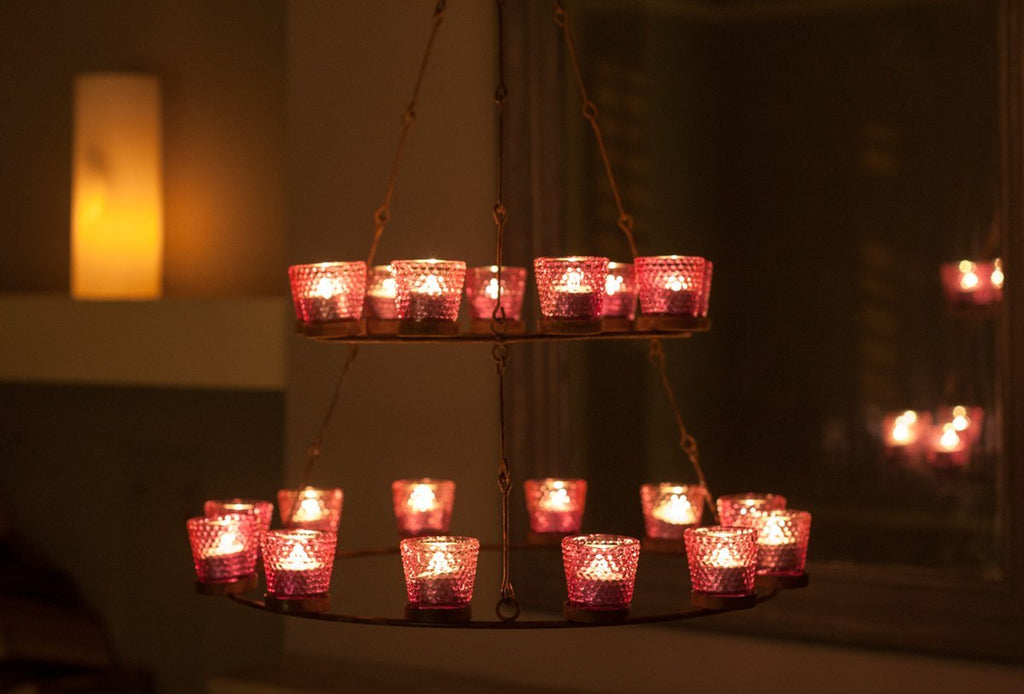 Tea Light Chandelier - Pink Glass