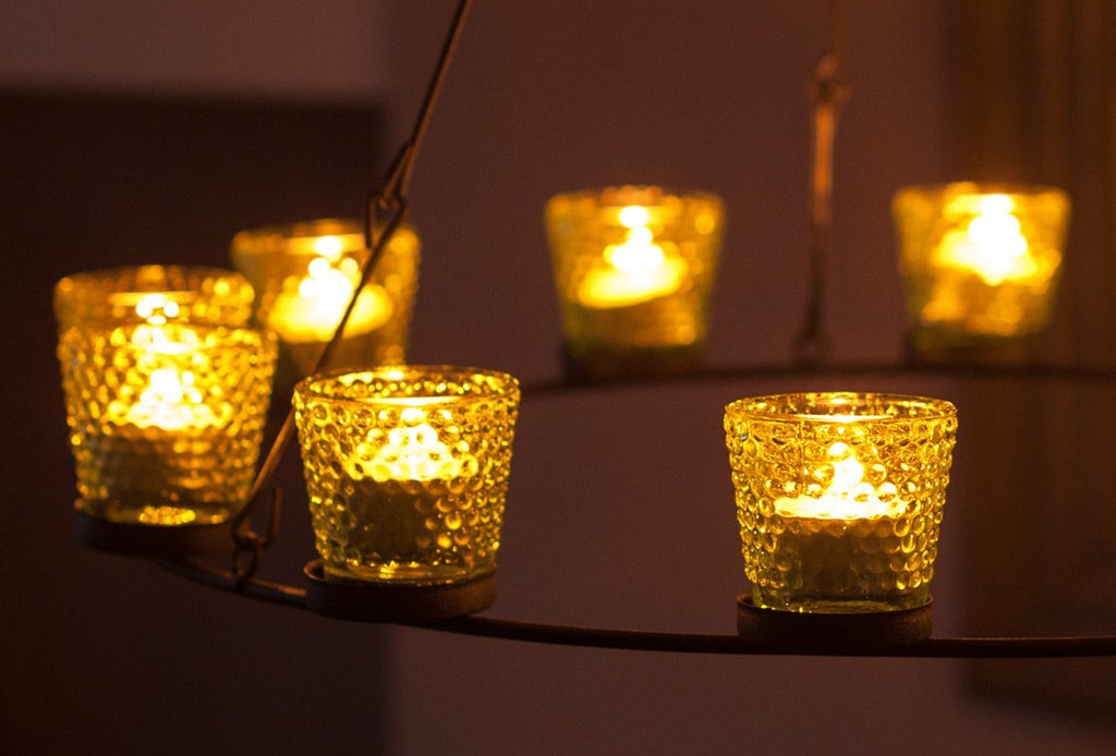 Tea Light Chandelier - Green Glass