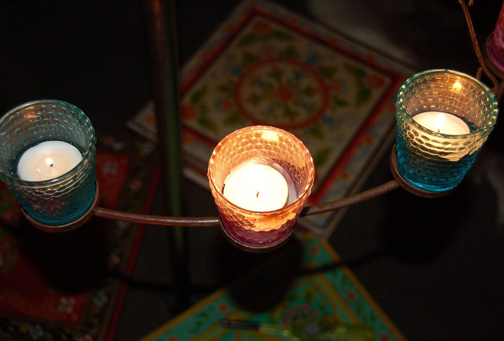 Tea Light Chandelier - Multi Coloured Glass