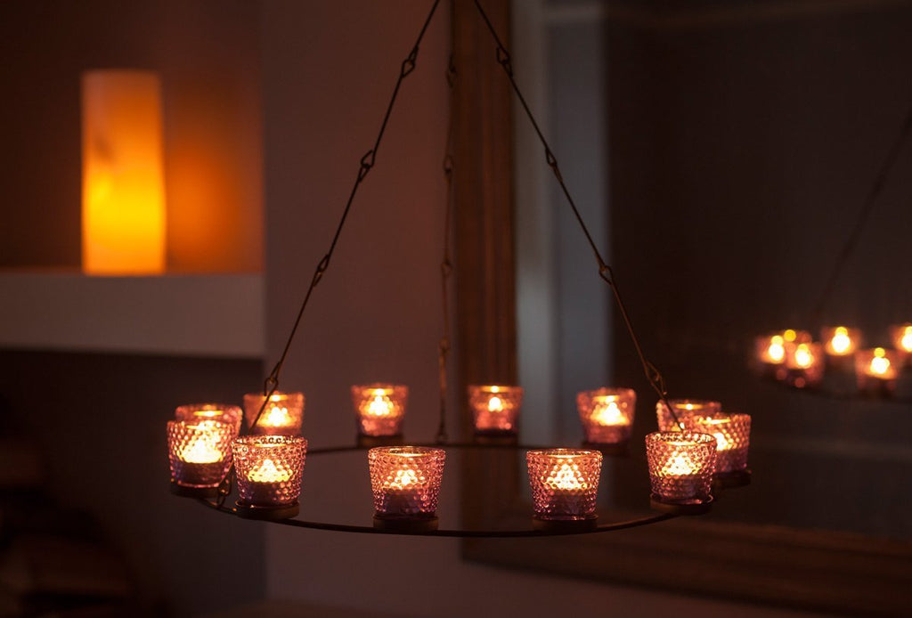 Tea Light Chandelier - Purple Glass